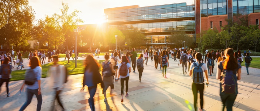 University campus with diverse students walking across courtyard in golden sunlight